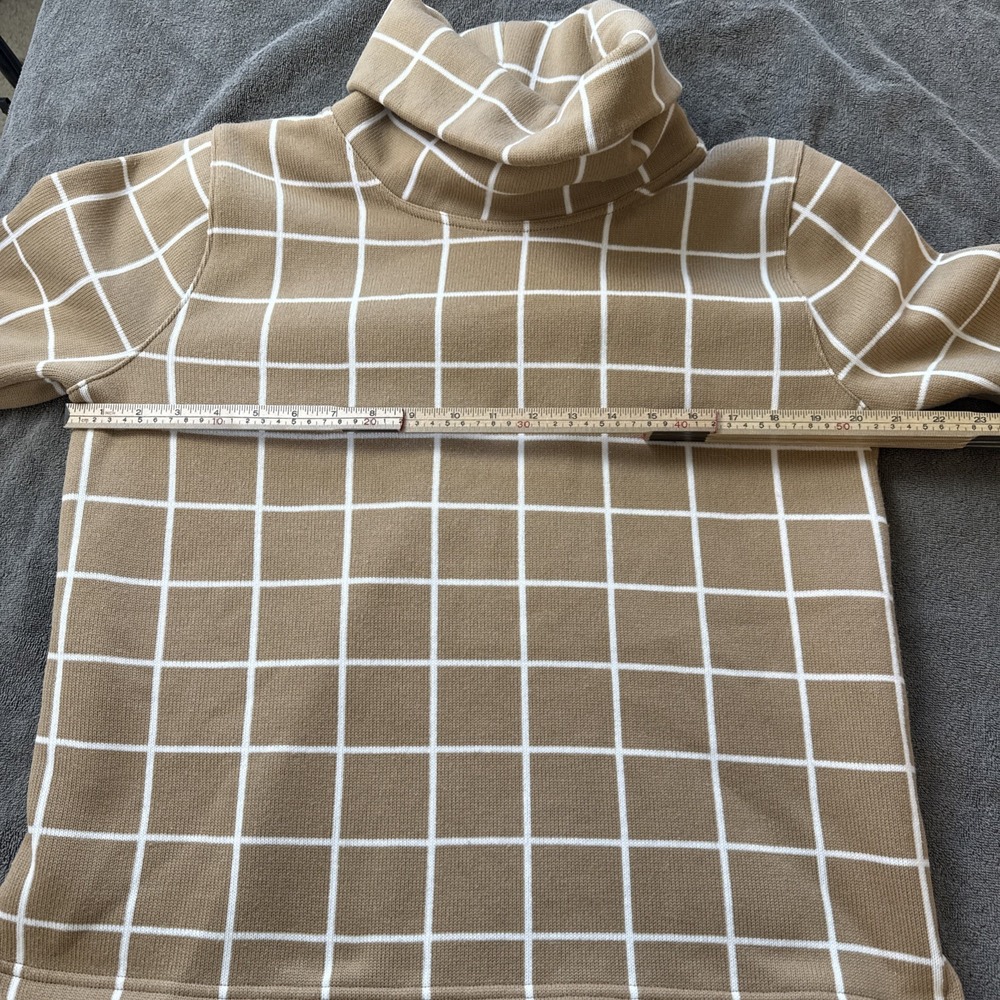 J.Crew Fleece Lined Funnel Neck Pullover Womens L Tan Windowpane Grid Old Money - Picture 6 of 6